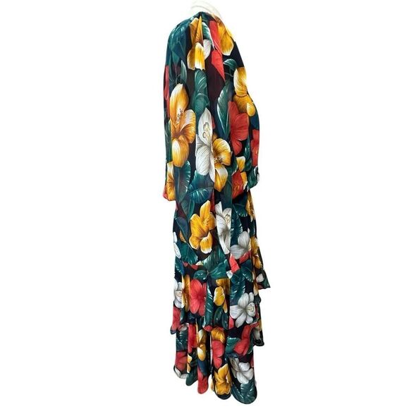 VINTAGE J. Harris 90s Tropical Hawaii Tiered Ruffle Asymmetric Midi Dress Size 4 - Picture 2 of 16